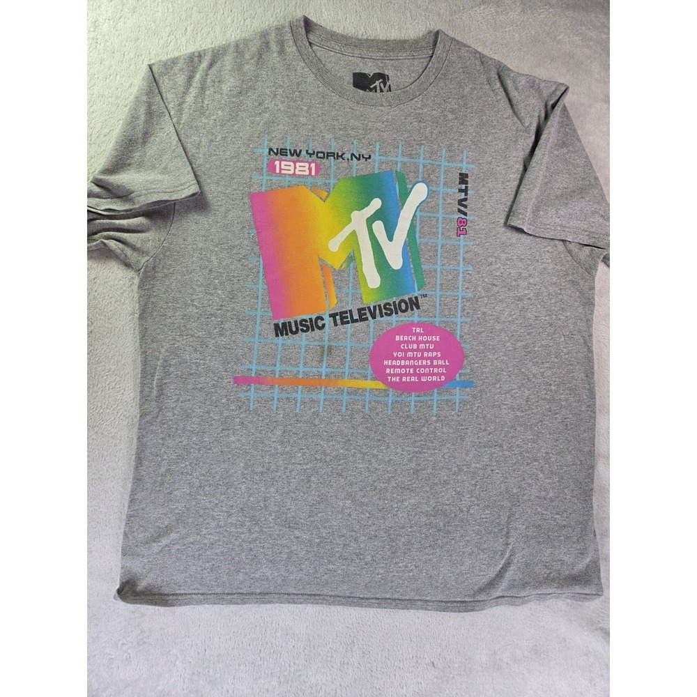 MTV Graphic T Shirt Mens Large Gray Rainbow Logo Music Television Retro 80s Tee